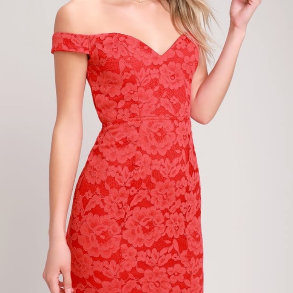 Lulu’s Swept Up Red Lace Off-The-Shoulder Maxi